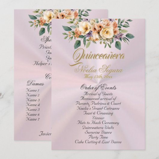 Cream Floral Quinceanera Program - Pastel Pink Programma (Voorkant / Achterkant)