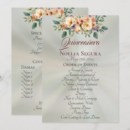 Cream Floral Quinceanera Program - Pastel Sage Programma (Voorkant / Achterkant)