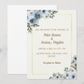 Cream, Gold Border & Blue Flowers Wedding Kaart (Voorkant / Achterkant)