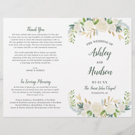 Cream Gold Floral Green Programmes de mariage (Devant)