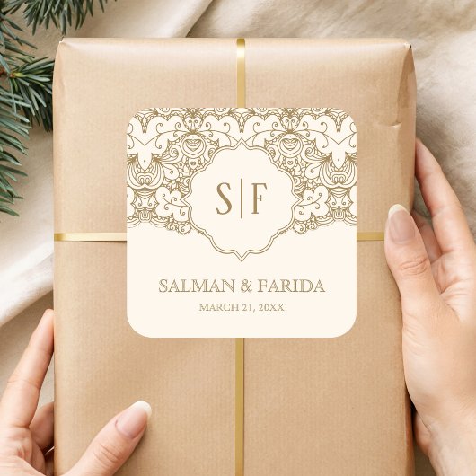 Cream Gold Lace Monogram Weddenschap Vierkante Sticker