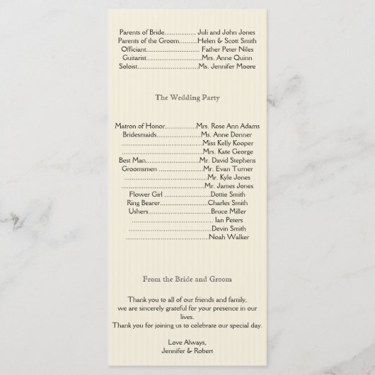 Cream Gold  Pinstripe Wedding Program Programma (Achterkant)