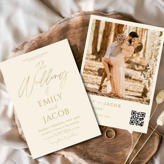Cream Gold Wedding QR Code Fotoscript Kaart