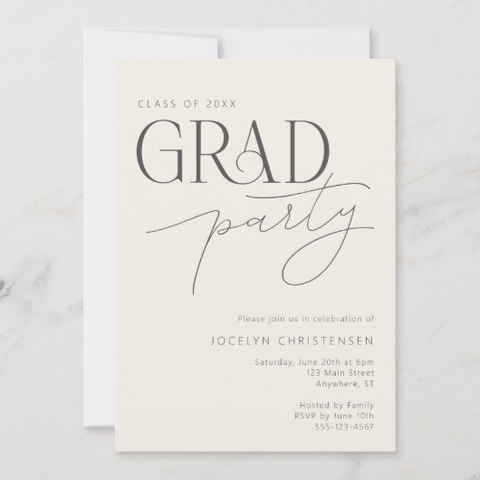 Cream Gray Modern Typography Grad Party Invitation Kaart (Voorkant)