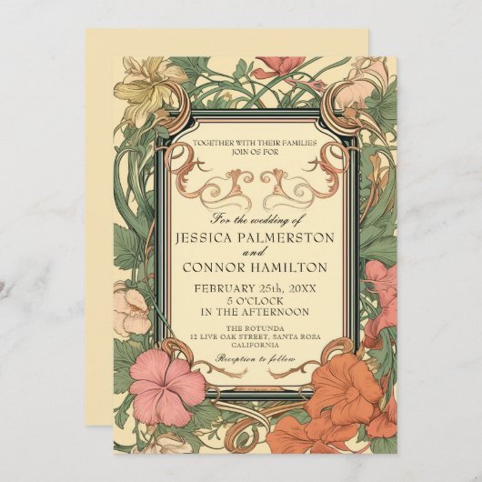 Cream Groene Bloemenbruiloft Kaart (Voorkant / Achterkant)