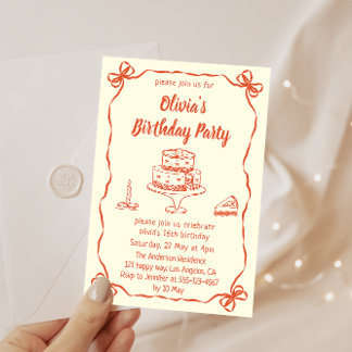 Cream Hand-Drawn Cake & Ribbon Border Birthday Kaart