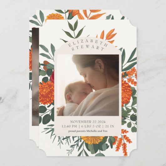 Cream Herfst Floral 2 Foto Aankondiging Geboorte (Voorkant / Achterkant)