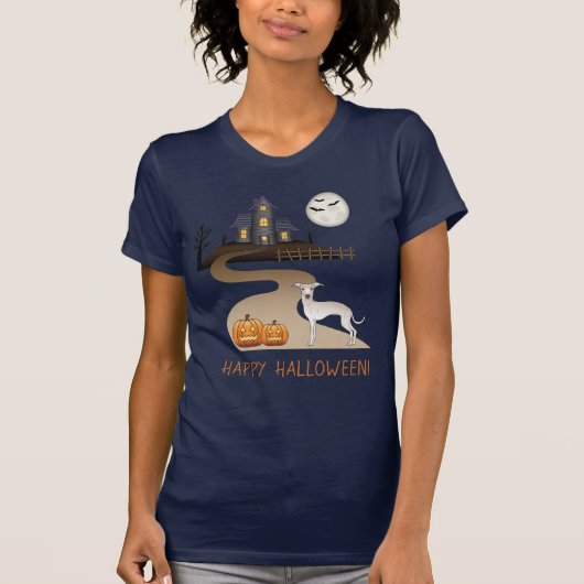 Cream Iggy Cute Dog en Halloween Hauning House T-shirt (Voorkant)