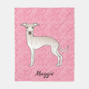 Cream Italy Greyhound Cute Dog on Pink Hearts Fleece Deken