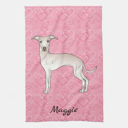 Cream Italy Greyhound Cute Dog on Pink Hearts Theedoek (Verticaal)