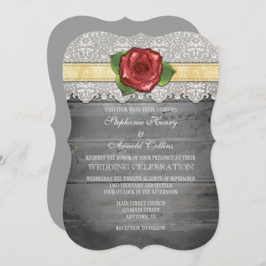 Cream Ivory Grey Rustic Wood Roos Wedding Invite Kaart (Voorkant / Achterkant)