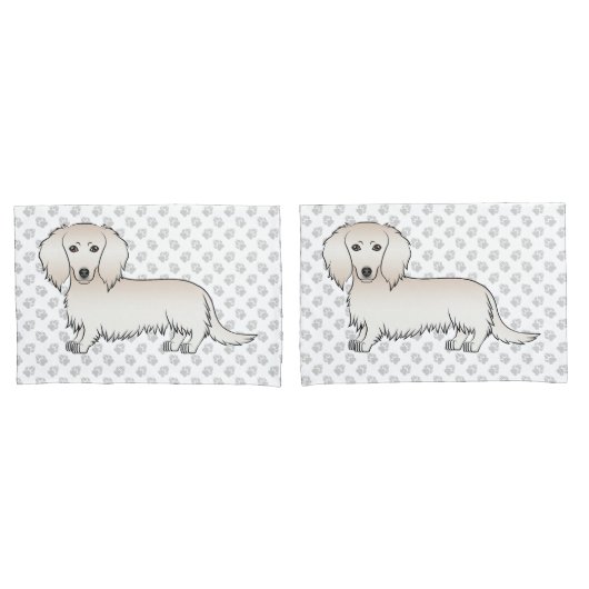 Cream Long Hair Dachshund Cute Cartoon Dog & Paws Kussensloop (Voorkant-Set)