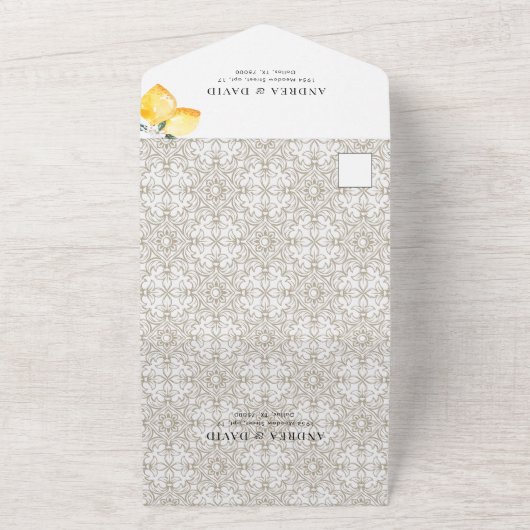 Cream Mediterranean: Italiaanse Tegel & Lemon Wedd All In One Uitnodiging (Buitenkant)