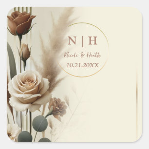 Cream & Mocha Neutraal Geometrische Bloemen Trouwe Vierkante Sticker