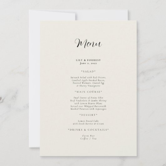 Cream Modern Wedding Menu Kaart (Voorkant)