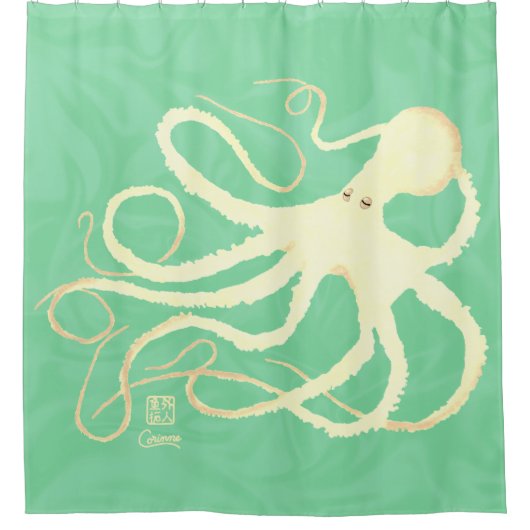Cream Octopus op Mint - Shower Curtain Douchegordijn (Voorkant)