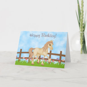 Cream Paard en Bloemen Happy Birthday Kaart