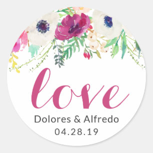 Cream Paarse Waterverf Floral Love Script Ronde Sticker