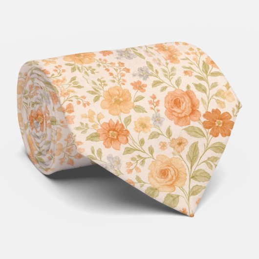 Cream & Peach Floral Pattern Stropdas (Opgerold)