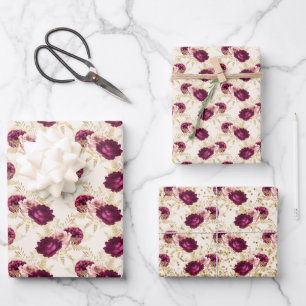 Cream Pink Burgundy Floral Gold Glitz Inpakpapier Vel