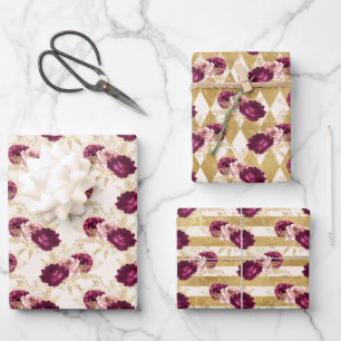 Cream Pink Burgundy Floral Inpakpapier Vel