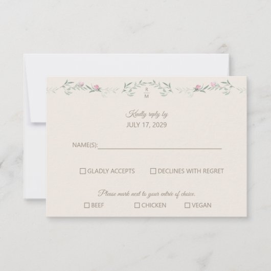 Cream Pink Foliage Monogram RSVP Response Card (Devant)