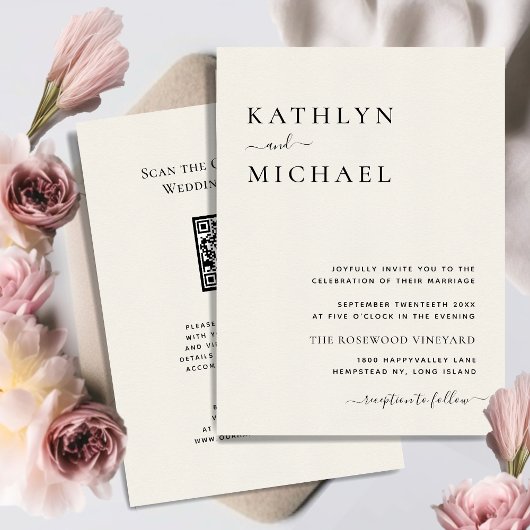 Cream QR-code in één modern minimalistisch huwelij Kaart