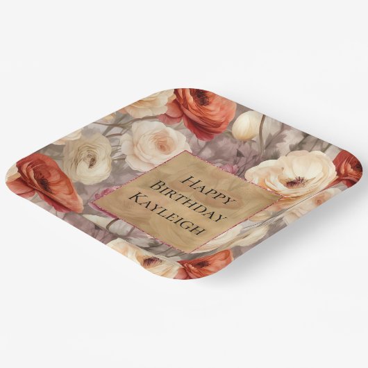 Cream Red Bourgogne Bloemen Verjaardag Papieren Bordje (Gebogen)