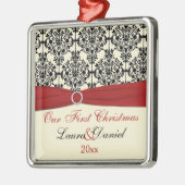 Cream, Red en Black Damask Wedding Keepomwille Metalen Ornament (Links)