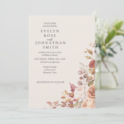 Cream Roos Elegante bruiloft uitnodiging (Staand voorkant)