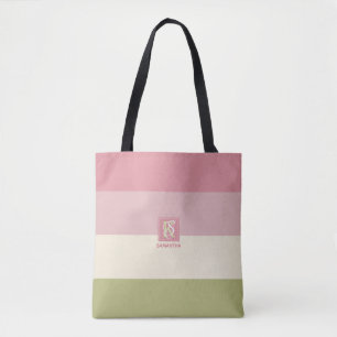 Cream Roos Green Color Palette Stripes Monogram Tote Bag