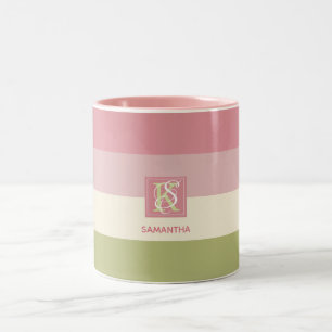 Cream Roos Green Color Palette Stripes Monogram Tweekleurige Koffiemok