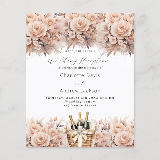 Cream rozen boho bruiloft receptie uitnodiging (Voorkant)