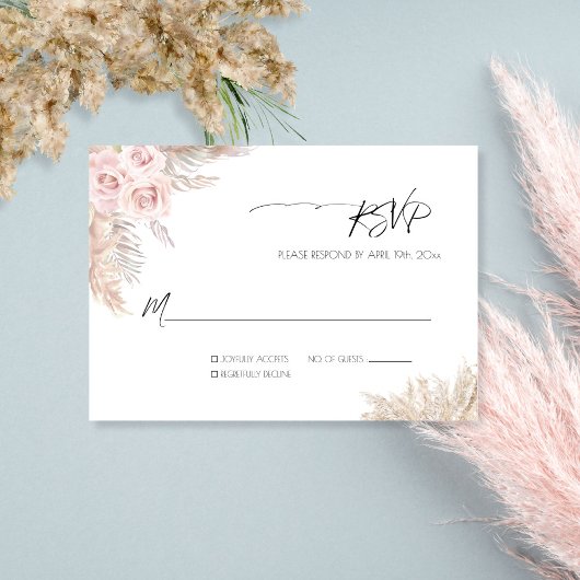 Cream Rozen Botanical Pampas Grass Boho Wedding RSVP Kaartje