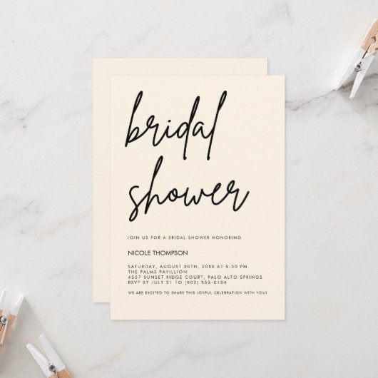 Cream Script Modern Bridal Shower Invitation (Devant/Arrière en situation)