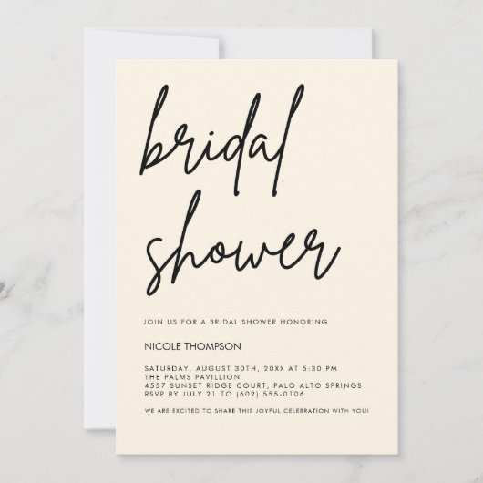 Cream Script Modern Bridal Shower Invitation Kaart (Voorkant)