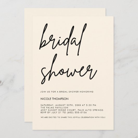 Cream Script Modern Bridal Shower Invitation Kaart (Voorkant / Achterkant)