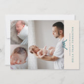 Cream Simple Blue Bow Foto baby Geboorte Aankondiging (Achterkant)