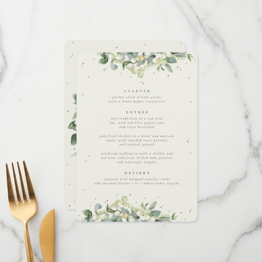 Cream Snowberry + Eucalyptus 3 gangen bruiloft Menu (Voorkant / Achterkant in situ)