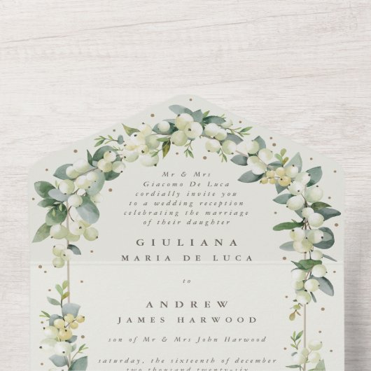 Cream Snowberry + Eucalyptus bruiloft alleen recep All In One Uitnodiging (Binnenkant top)