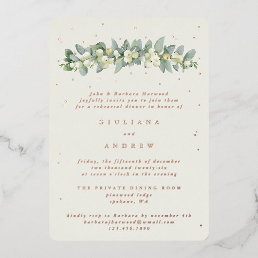 Cream Snowberry + Eucalyptus bruiloft repetitie Folie Uitnodiging (Voorkant)