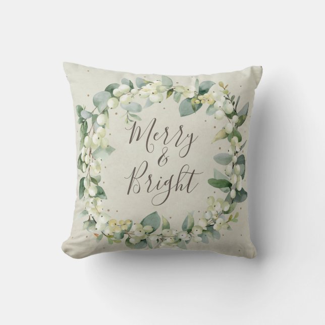 Cream Snowberry + Eucalyptus kerstmis Kussen (Voorkant)