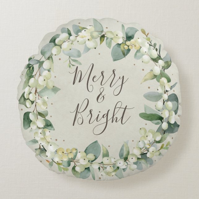 Cream Snowberry + Eucalyptus kerstmis Rond Kussen (Voorkant)