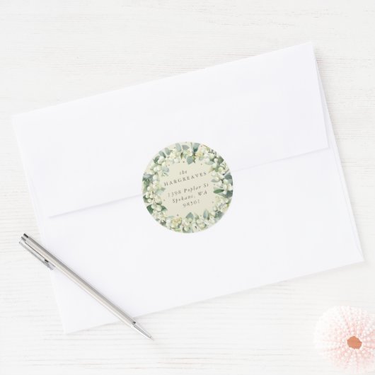 Cream Snowberry+Eucalyptus Vakantiekransadres Ronde Sticker (Envelop)