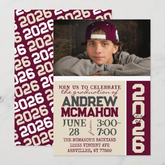 Cream Tan & Burgundy Graduation Photo Invitation (Devant / Derrière)