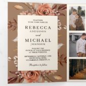 Cream Terracotta Floral QR Code Beige Tan Wedding Drieluik Uitnodiging (Binnenzijde eerst)