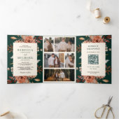 Cream Terracotta Floral QR Code Emerald Wedding Drieluik Uitnodiging (Binnen)