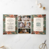 Cream Terracotta Floral QR Code Sage Green Wedding Drieluik Uitnodiging (Binnen)
