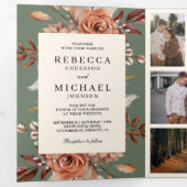 Cream Terracotta Floral QR Code Sage Green Wedding Drieluik Uitnodiging (Binnenzijde eerst)