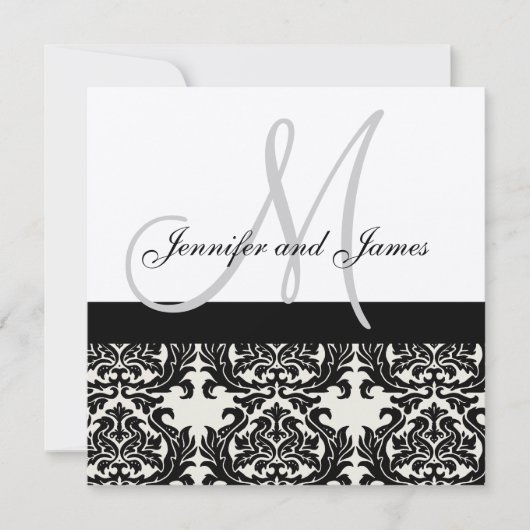 Cream Wedding Invitation Monogram Black Damask Kaart (Voorkant)
